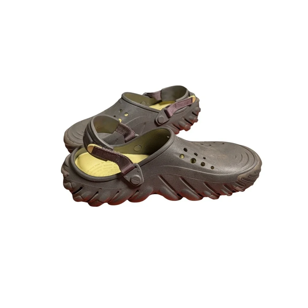 Crocs Echo Clog Espresso Brown Yellow Adjustable Strap Mens 9 Womens 11 Sandals